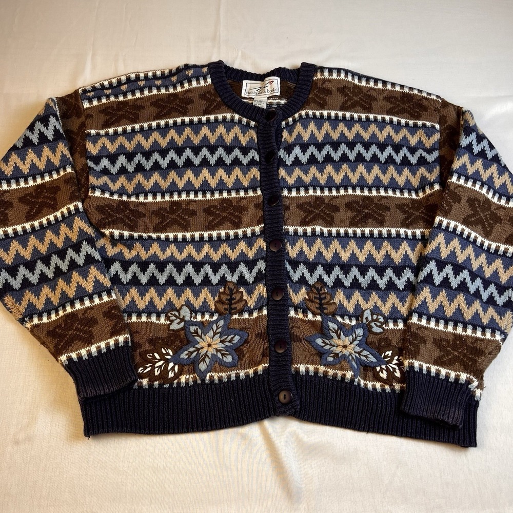 VTG Christopher Banks Sweater‎ Grandma Cottagecore Cardigan Chunky Knit Leaf Lg